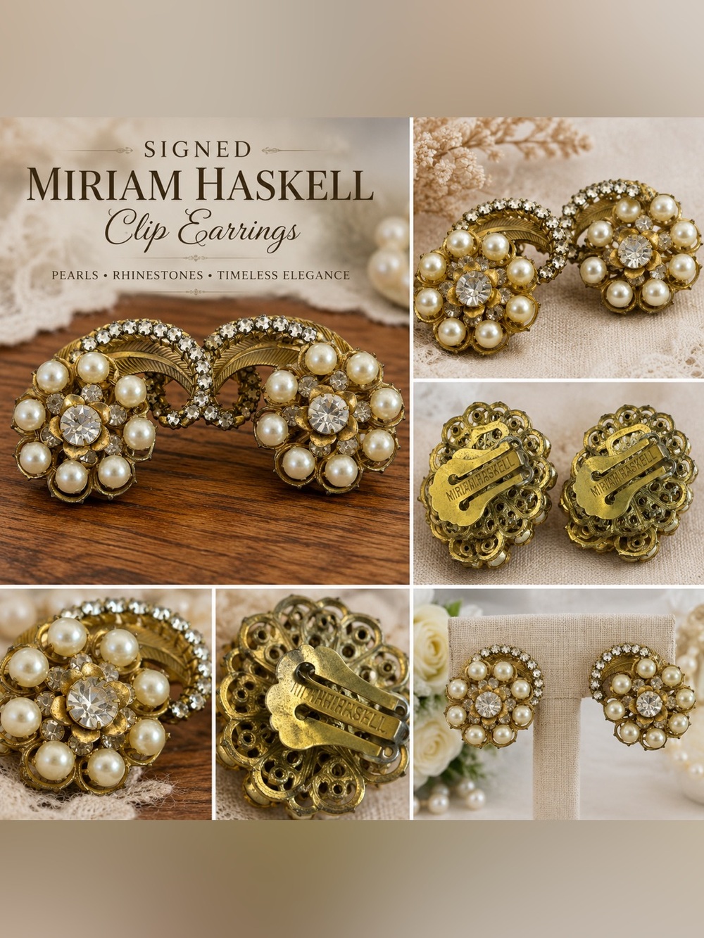 Miriam Haskell Gold-Tone Pearl and Clear Rhinestone Clip Earrings